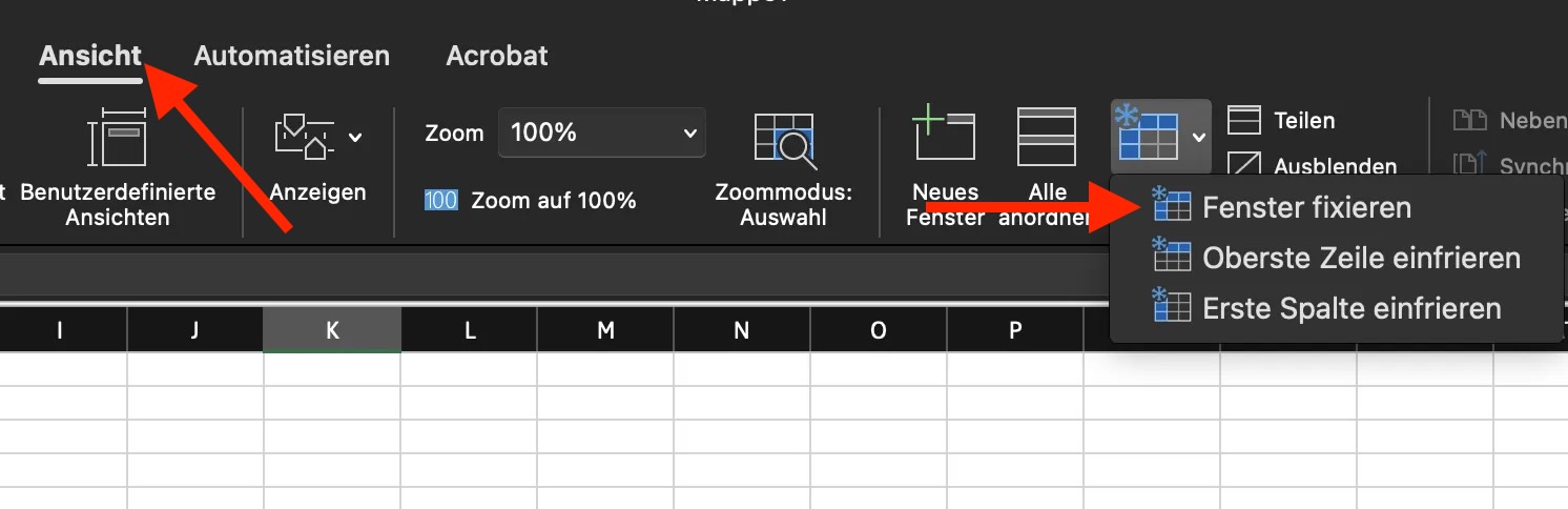 Excel: Oberste Zeile fixiert – Beispiel