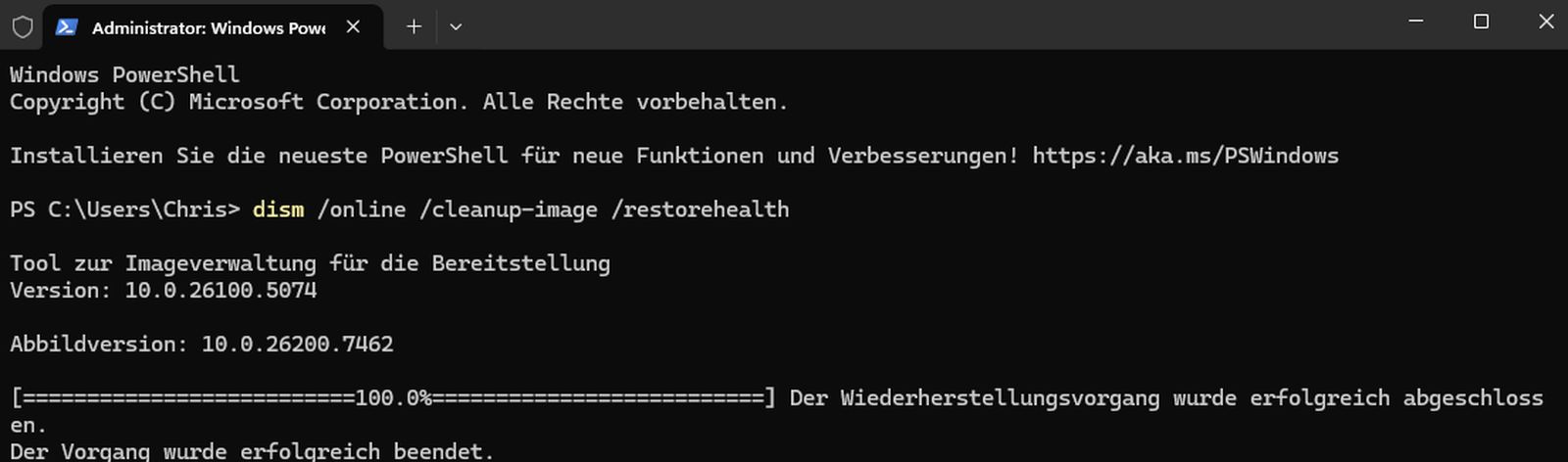Mein DISM Restorehealth Vorgang im Terminal